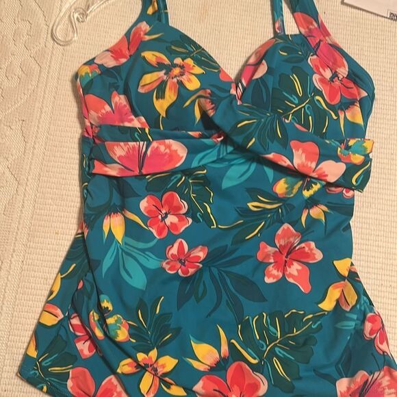 Land’s End V wrap Tankini tankini in Deep turquoise lily palm print underwire 6 - Picture 5 of 12